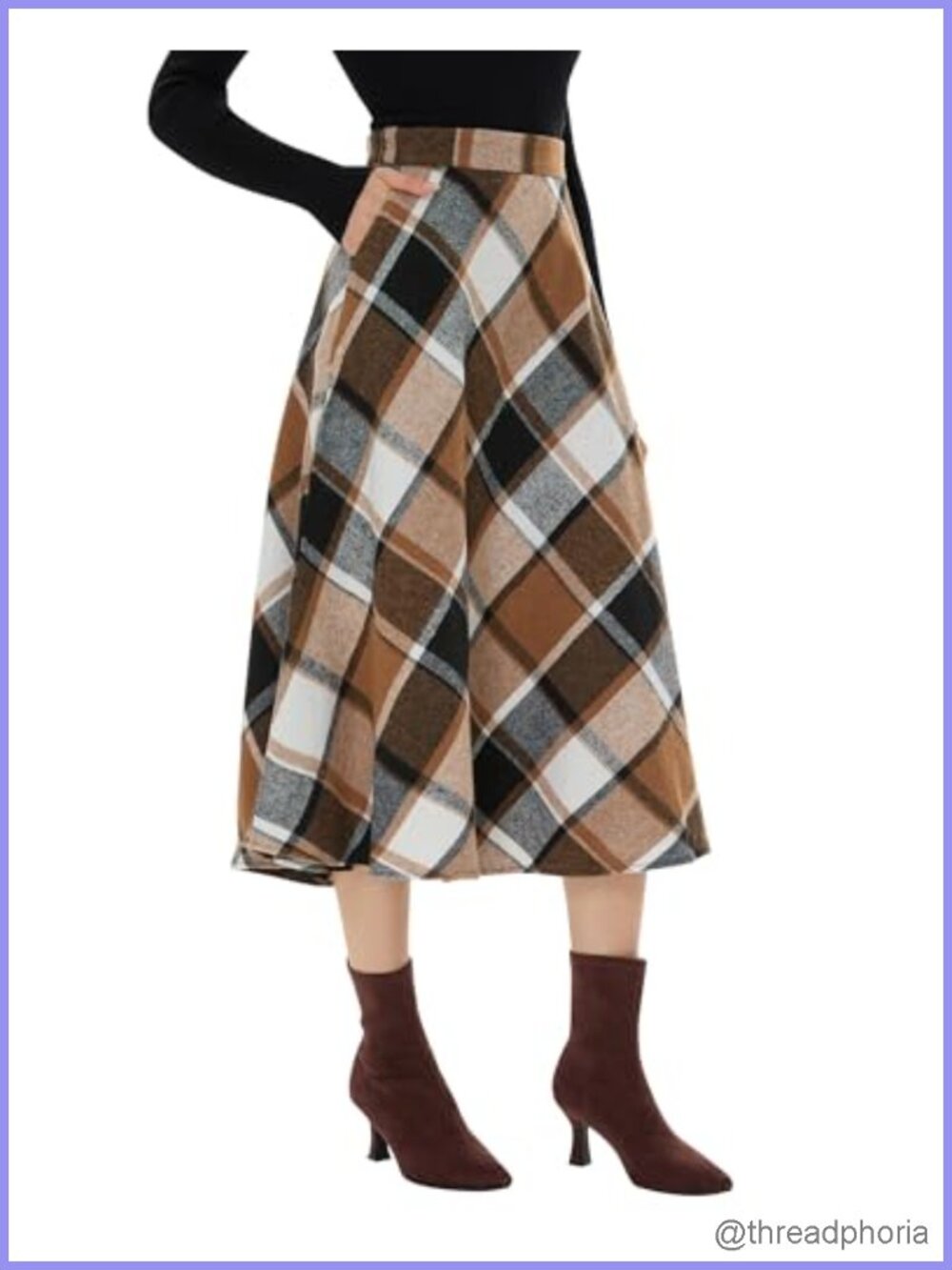 Women's Long Plaid Skirt High Waisted A-Line Flared Maxi Skirt Wool Blend Zipper